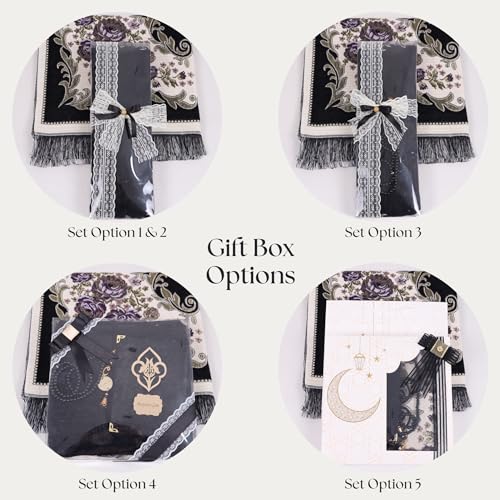 IEF Personalized Prayer Rug Prayer Beads Quran Islamic Gift Set, Ramadan Eid Hajj Umrah Wedding Birthday Mother's Day Father's Day Valentine's Day Gifts (Black) - color: Black