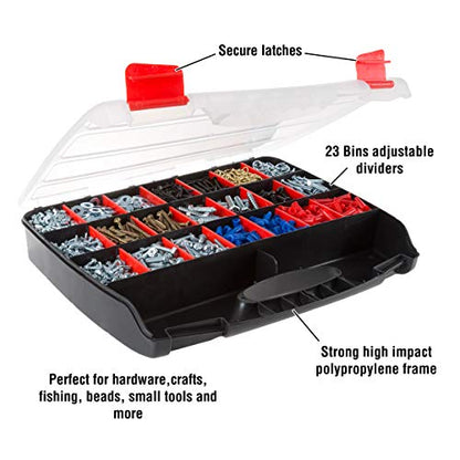 Hardware Organizer Box with Dividers - 23 Compartment Small Parts Organizer Portable Tool Box with Secure Latches - Plastic Screw Storage for Nuts, Beads, Jewelry or Tackle by Stalwart - size: 23 Bin