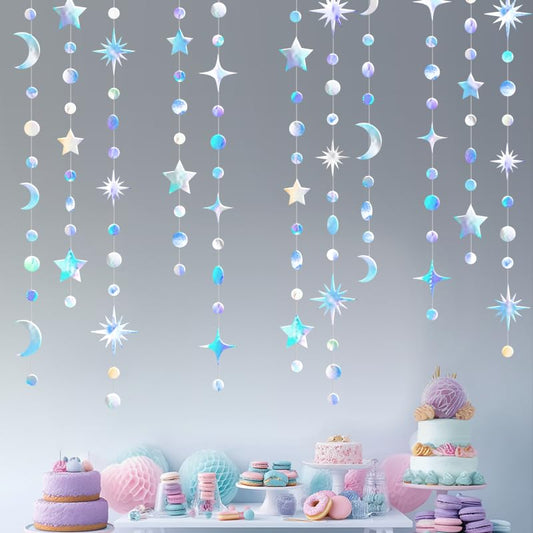 4 Pack Iridescent Star Moon Circle Dot Garland, 46ft Holographic Hanging Star Moon Dot Ceiling Streamer Decorations for Birthday Wedding Baby Shower Eid Mubarak Ramadan Christmas New Year Party Décor - color: Iridescent