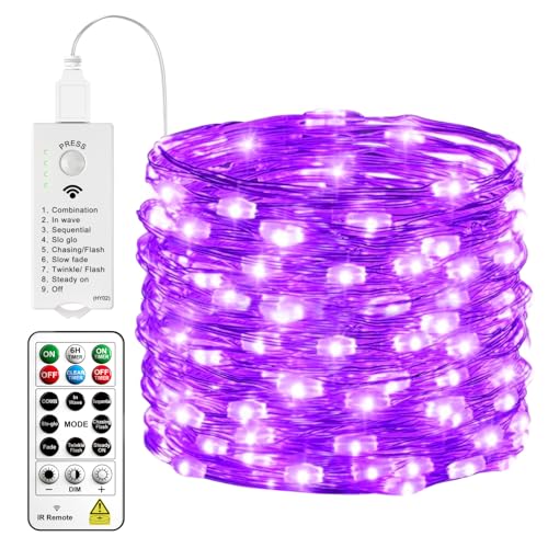 HXWEIYE Rechargeable Fairy Lights with Remote & DIY Timer, 33ft 100LED Battery Operated Twinkle String Lights, 8 Modes Decor Light for Bedroom Indoor Wedding Dorm Christmas Tree Party (Purple) - color: Purple, size: 1 Pack