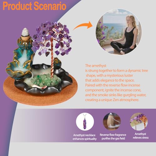 Amethyst Incense Holder Burner, Waterfall Fountain Backflow Cone Burner, Healing Crystal and Stone, Women Gifts for Christma - color: Amethyst Burner