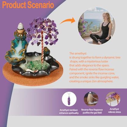 Amethyst Incense Holder Burner, Waterfall Fountain Backflow Cone Burner, Healing Crystal and Stone, Women Gifts for Christma - color: Amethyst Burner