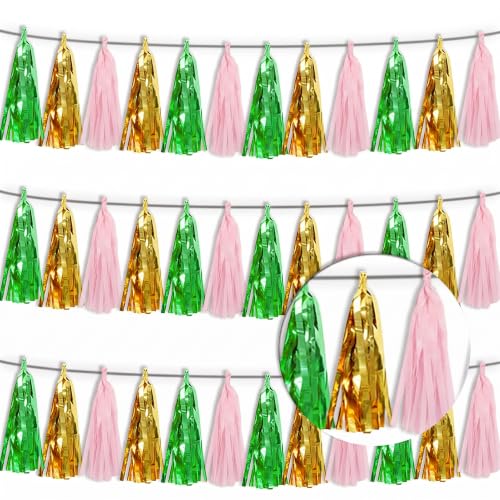 3P Sage-Green Gold Pink Tassel Banner Garland Metallic Foil Fringe Banner Tinsel Tassels Streamer Banner Backdrop for Parade Floats, 2025 Graduation Decorations, Woodland Party Decoration - color: Sage-Green Gold Pink