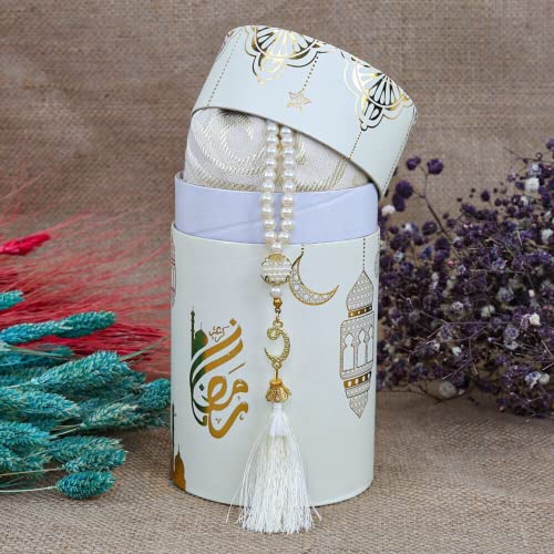 Muslim Prayer Rug, Tasbeeh Ramadan Eid Gift Box | Sajjadah Misbaha Ramadan Kareem Gift Set | Islamic Eid Gift Box | Prayer Mat Misbaha Set for Ramazan | Eid Favor (White) - color: White