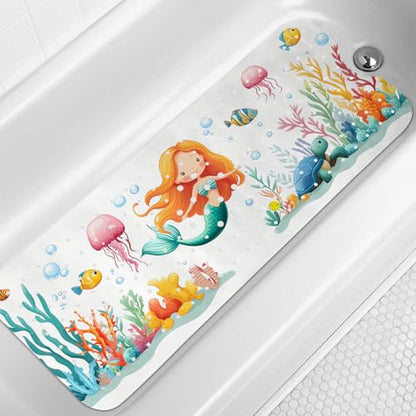 LNOND Bath Mat for Tub for Kids, Toddler Bathtub mat Non Slip, Sea Mermaids Kids Bath Mats for Bathroom Non Slip with Drain Holes and Suction Cups,Machine Washable (40 X 16 Inch) - color: Sea Mermaids