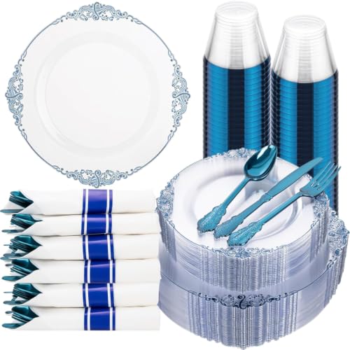 Hioasis 175 Pcs Clear Blue Plates for Graduation - color: Clear and Blue