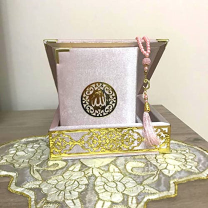Velvet Covered Quran and Pearl Tasbih in Wooden Decorative Box | Gift Islamic Set Birthday, Wedding Muslim Eid Ramadan (Pink) - color: Pink
