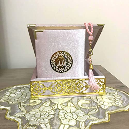 Velvet Covered Quran and Pearl Tasbih in Wooden Decorative Box | Gift Islamic Set Birthday, Wedding Muslim Eid Ramadan (Pink) - color: Pink