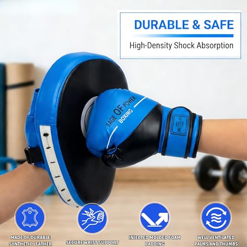 3-in-1 Boxing Gloves and Punching Mitts Set for Kids, Boxing Mitts Focus Pads with Hand Wraps for Kid, Youth Leather Punching Equipment Gloves Set for MMA, Karate, Muay Thai, Taekwondo - color: Blue