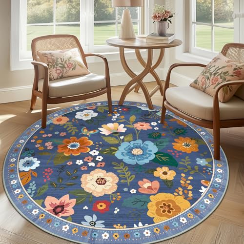 RELEANY Floral Washable Round 6ft Area Rug Blue/Grey - color: Blue/Grey, size: 6' (Round)