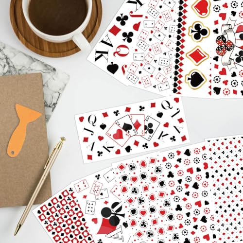 arricraft 10 Sheets Playing Cards Theme UV DTF Cup Wrap for 16OZ Glass, Hearts Spades Rub on Decals PVC Transfer Stickers for DIY Cups Window Home Printing Decoration 24x11cm/9.4x4.3inch - style: Playing Cards Theme