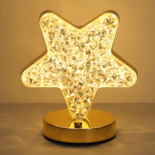 Lewondr Star Table Lamp, Stepless Dimmable Touch Lamp with 3 Colors, Rechargeable Night Light with USB Port, Crystal Star Light Bedside Lamp for Nightstand Desk Bedroom Living Room Home Decor - style: Star