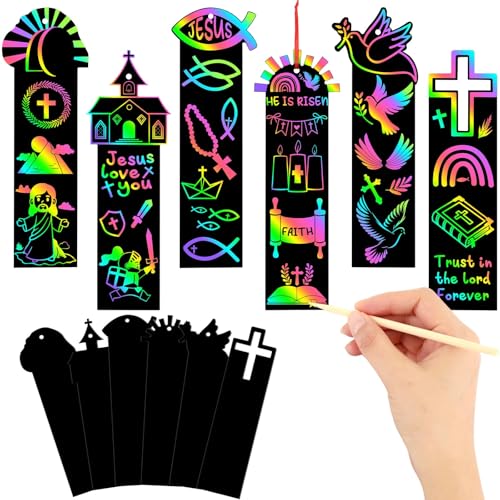 JUNEBRUSHS 30Pcs Religious Crafts for Kids, Easter Rainbow Color Scratch Art Bookmarks Resurrection Cross Religious Gifts for Kids Sunday School Church Bible Crafts Kits - style: Religious Style