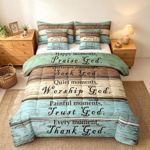 Feelyou Healing Comforter Set Twin Size 7 Pieces Women Inspirational Thoughts Prayers Bedding Set Girls Retro Wood Grain Bed in a Bag Bed Set with Comforter, Sheet Set, Pillowcases, Pillow Covers - color: Brown Turquoise, size: Twin