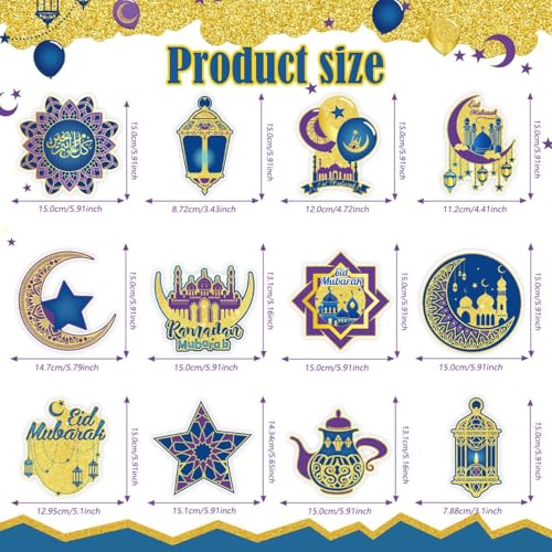 Ramadan Decorations for Home,Blue and Gold Ramadan Eid Mubarak Banner, Hanging Swirls Streamer Bunting for Muslim Islamic Kareem Festival Al-Fitr Iftar Party Favors Supplies
