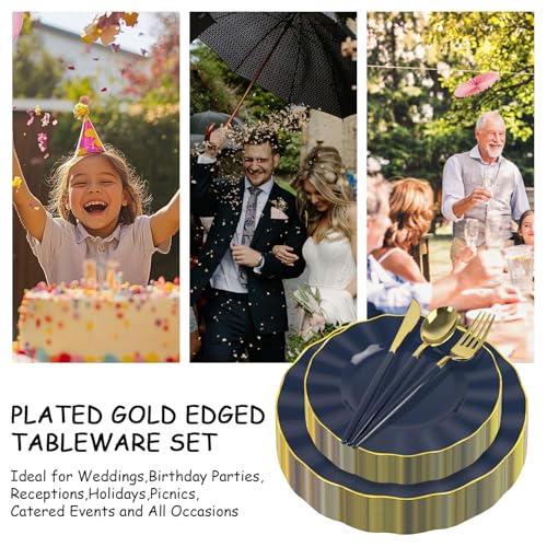 150Pcs Plastic Plates with Gold Rim,Heavy Duty Blue Plates for 30 Guests,Plastic Dinnerware Set Include 30 Dinner Plate,30 Dessert Plate,90 Gold Cutlery Set for Party (Blue) - color: Blue