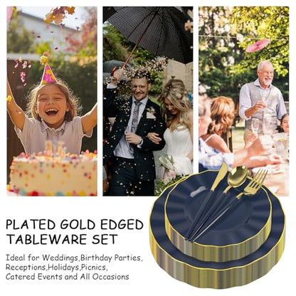 150Pcs Plastic Plates with Gold Rim,Heavy Duty Blue Plates for 30 Guests,Plastic Dinnerware Set Include 30 Dinner Plate,30 Dessert Plate,90 Gold Cutlery Set for Party (Blue) - color: Blue