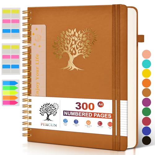 Large Spiral Notebook Journal for Women Men - 300 Numbered Lined Pages, College Ruled, A4 Hardcover Spiral Bound Notebook for School, Work, Note Taking, Writing, Leather Spiral Journal 8.5"x11" - color: Brown, size: A4 size (8.5in x 11.5in)