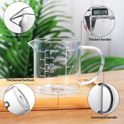 77L Glass Measuring Cup, 300 ML Clear Liquid Measuring Cup with V-Shaped Spout and Three Scales, High Borosilicate Glass Beaker with Handle for Kitchen or Restaurant (0.3 Liter, 1 1/4 Cup)