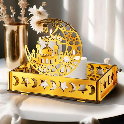 Acrylic Ramadan Decorations for Home Islamic Eid Mubarak Kareem Ramadan Serving Trays Table Sign Moon Hollow Star Sign for Muslim Party Tabletop Decor Art Craft Decoration Centerpiece Tray
