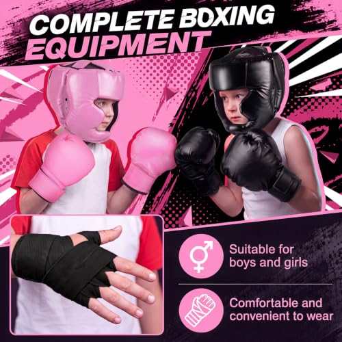 Kanayu 12 Pcs Kids Boxing Equipment Set for Beginners Ages 6-18 Years Including Boxing Helmet and Gloves Hand Wraps Sport Mouthguards Taekwondo Sparring Gear for Kids and Children - color: Black, Pink