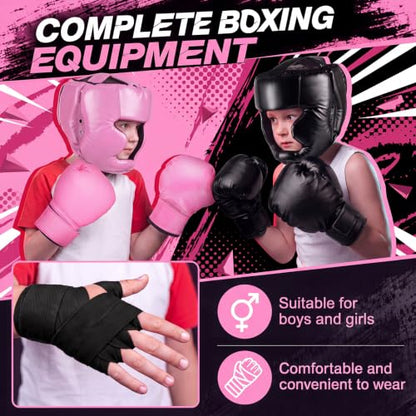 Kanayu 12 Pcs Kids Boxing Equipment Set for Beginners Ages 6-18 Years Including Boxing Helmet and Gloves Hand Wraps Sport Mouthguards Taekwondo Sparring Gear for Kids and Children - color: Black, Pink