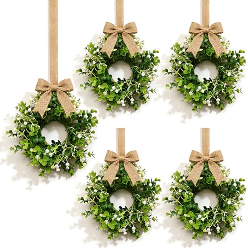 4 Pcs Small Spring Summer Hanging Wreaths for Cabinets Artificial Greenery Eucalyptus White Berry Mini Candle Ring Wreath with Foliage for Home Kitchen Front Door Window Porch Wall Wedding Decor