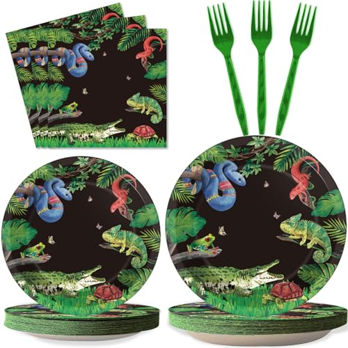 96 Pcs Reptile Snake Party Plates Napkins Tableware Set Lizard Birthday Party Supplies Disposable Paper Dinnerware Jungle Alligator Wildlife Theme Table Decoration Favors for Kids Birthday, 24 Guests - style: Reptile party