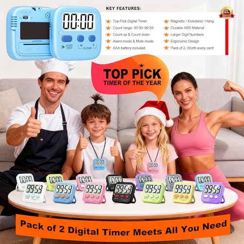 2 Pack Digital Timer for Kids Classroom Kitchen Timers for Cooking | w/ Battery, Easy to View, Alarm, Mute Mode, Count Down/Up, Magnetic, Kickstand, Hanging, Classroom Timer for Teacher Supplies - color: Clear Blue