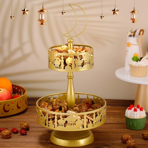 Ramadan Serving Trays - 2 Tiered Metal Platters Eid Mubarak Islam Muslim Al-Fitr Iftar Party Food Serving Tray Ramadan Decoration for Home Breakfast Dinner Table Decor (Gold Castle)