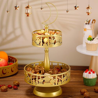 Ramadan Serving Trays - 2 Tiered Metal Platters Eid Mubarak Islam Muslim Al-Fitr Iftar Party Food Serving Tray Ramadan Decoration for Home Breakfast Dinner Table Decor (Gold Castle)