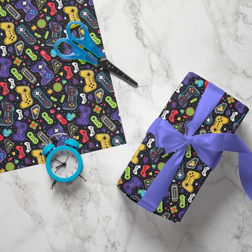 Cuitpan Gaming Wrapping Paper - 4 Jumbo Sheets, 28 * 40 Inches, Video Game Console and Black Starry Sky Design, for Boys Birthday, Gaming Party & Holiday Gifts - color: Black-Gaming