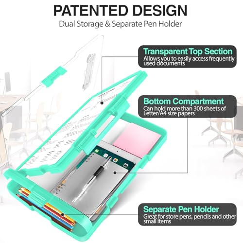 Sooez Original Clipboard with 2 Storage & Pen Holder, Heavy Duty Clip Boards 8.5x11 with Dual Storage, Clearview Dry Erase Coach Clipboard with Real Hinge, High Capacity, School & Office Supplies - color: Turquoise