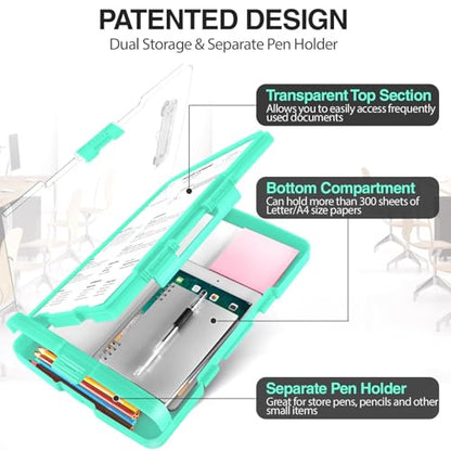 Sooez Original Clipboard with 2 Storage & Pen Holder, Heavy Duty Clip Boards 8.5x11 with Dual Storage, Clearview Dry Erase Coach Clipboard with Real Hinge, High Capacity, School & Office Supplies - color: Turquoise