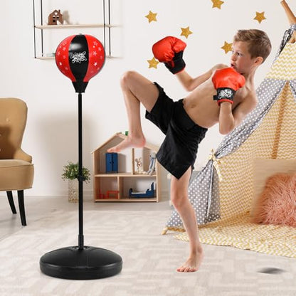 Goplus Punching Bag for Kids, Height Adjustable Reflex Bag with Boxing Gloves for Teens Children Ages 3 4 5 6 7 8+ Years Old Boys Girls, Inflatable Boxing Equipment for Christmas Birthday