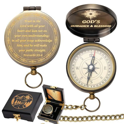 God's Guide & Blessing Compass, Trust in The Lord Compass, Wood Box Greeting, Inspirational Gift Men, Christian Boys Baptism Gifts, Graduation Day with Wooden Box - color: 2.Bronze Trust in The Lord Wooden Box