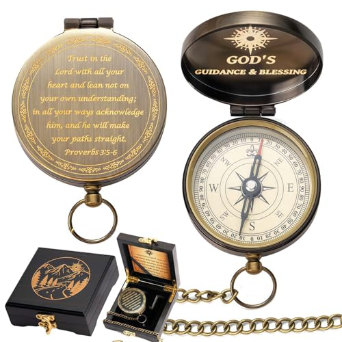 God's Guide & Blessing Compass, Trust in The Lord Compass, Wood Box Greeting, Inspirational Gift Men, Christian Boys Baptism Gifts, Graduation Day with Wooden Box - color: 2.Bronze Trust in The Lord Wooden Box