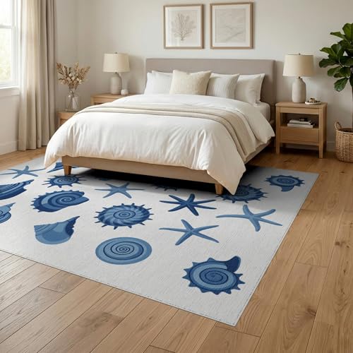 6'x9' Washable Graphic Seashell Area Rug, Blue Non-Shedding Pet Friendly Room Rug Foldable Easy Care Carpet for Queen Size Bedroom, Under Bed, Master Suite | Ref:1952585 - color: Blue/Pattern 50, size: 6' x 9' (Rectangular)