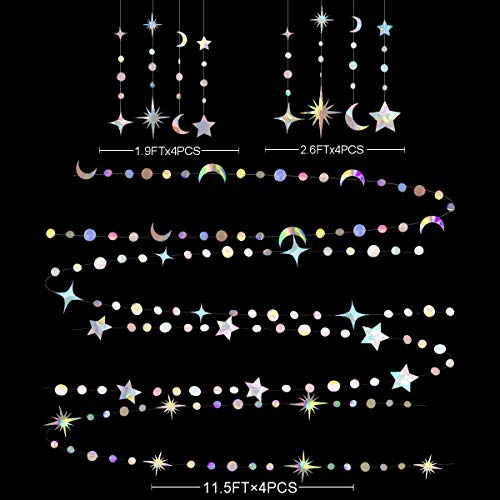 Iridescent Party Decorations Holographic Star Moon Circle Dot Garland Hanging Crescent and Twinkle Little Star Streamer Bunting Banner for Birthday Ramadan EID Mubarak Euphoria Karaoke Music Decor