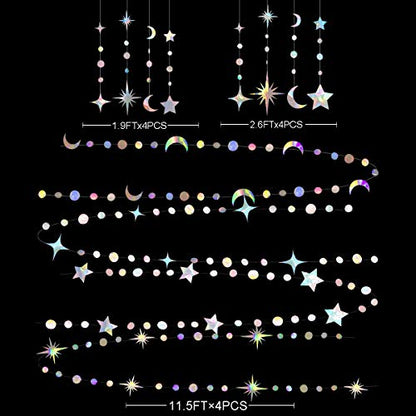Iridescent Party Decorations Holographic Star Moon Circle Dot Garland Hanging Crescent and Twinkle Little Star Streamer Bunting Banner for Birthday Ramadan EID Mubarak Euphoria Karaoke Music Decor