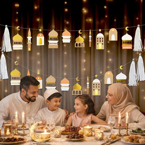 Cheerland Ramadan Banner Eid Mubarak Banner Ramadan Decorations Garland Gold White Party Decorations Islamic Mosque Garlands Islam Party Hanging Decor Gold Star Moon Crescent Muslim Party Supplies