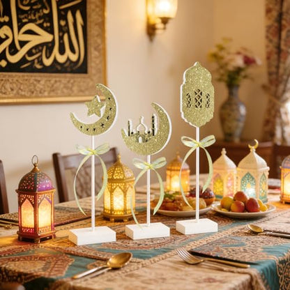 3 Pieces Ramadan Wooden Tabletop Signs Decorations Eid Mubarak Table Centerpieces Decor Set Islamic Ramadan Tiered Tray Decor for Muslim Home Party Tabletop Decor