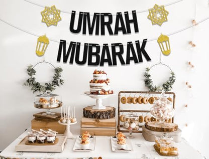 Umrah Mubarak Banner, Eid Party Decorations, Gold Black, 3.0x5.0 inches - color: Gold Black
