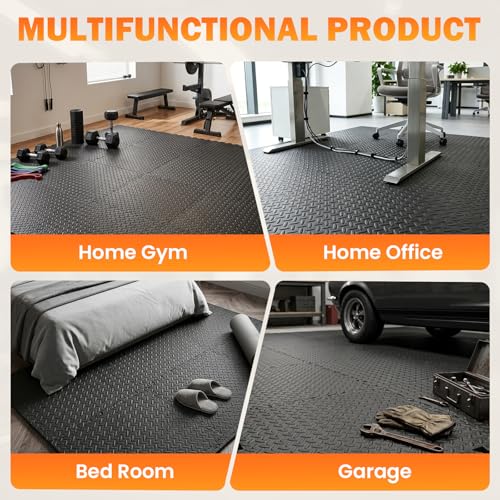 36 Tiles EVA Puzzle Exercise Floor Mats Set, Interlocking Foam Gym Tiles | 12.6"x12.6"x0.4", Water-Resistant Flooring for Home Gym, Workout Equipment, Kids' Play Areas, Garage Playroom - Black
