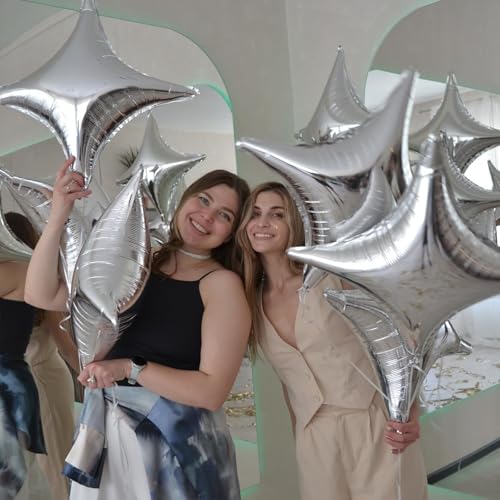 Silver Star Balloons,12Pcs Four Angle Star Foil Balloons - color: Silver