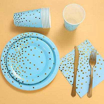 Blue and Gold Party Supplies 145PCS Golden Dot Disposable Party Dinnerware Includes Paper Plates, Napkins, Knives, Forks, Cups, Banner, for Baby Shower, Boy Birthday, Serves 24 - color: Blue Gold (Serves 24)