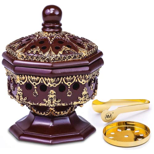 Charcoal Incense Burner Holder Luxury Octagon - Bakhoor Burner, Frankincense Resin Burner - for Office & Home Decor | Suitable for Incense Charcoal - color: Brown