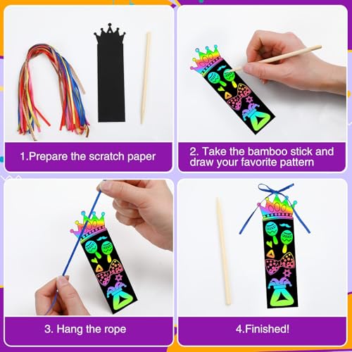 JUNEBRUSHS 30Pcs Purim Scratch Bookmarks, Rainbow Magic Scratch Paper Art Purim DIY Craft Kit for Students Classroom Activity Party Supplies - style: Purim Style