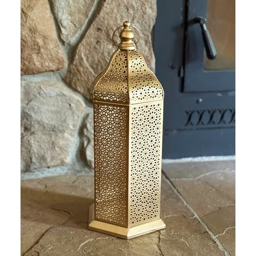 VELA LANTERNS 16" Champagne Gold Moroccan Decorative Candle Lantern – Metal Hexagon Lantern for Table or Hanging, Ramadan Turkish Islamic Decor, Wedding Centerpiece, Indoor Home Patio Lighting