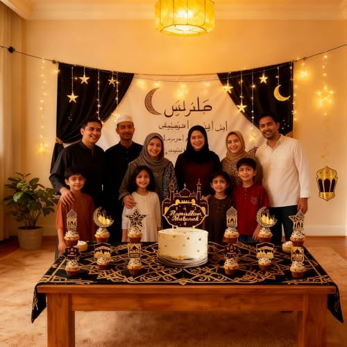 31pcs Eid Mubarak Decorations Set - Black and Gold Ramadan Party Supplies including Banner, Hanging Swirls for Muslim Islamic Eid Al-Fitr Home Wall Décor